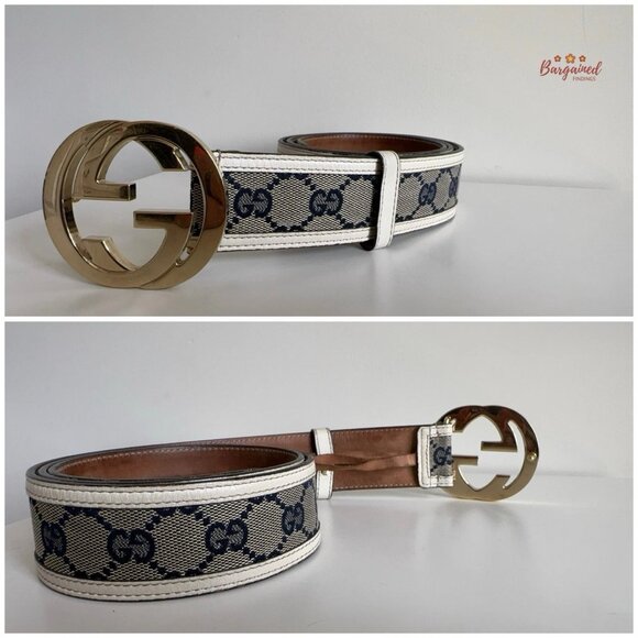 Authentic Gucci Cream Monogram Canvas Leather Interlocking G Buckle Belt 95/38 - Picture 10 of 13